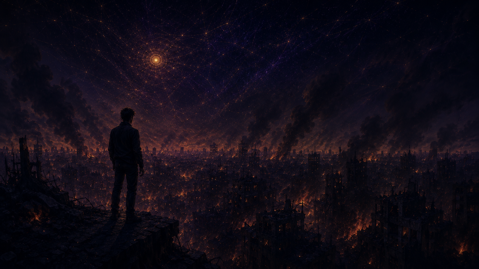 A lone figure overlooking a burning city at night