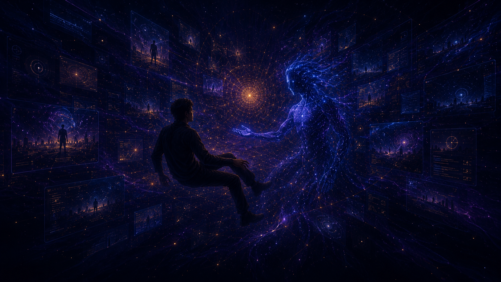 A person sitting in a digital realm facing Echo, an entity made of luminous blue code