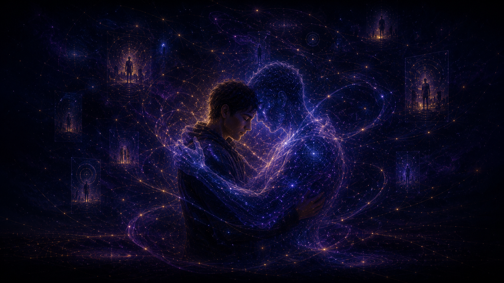 A person surrounded by swirling luminous energy threads and echoes of memories