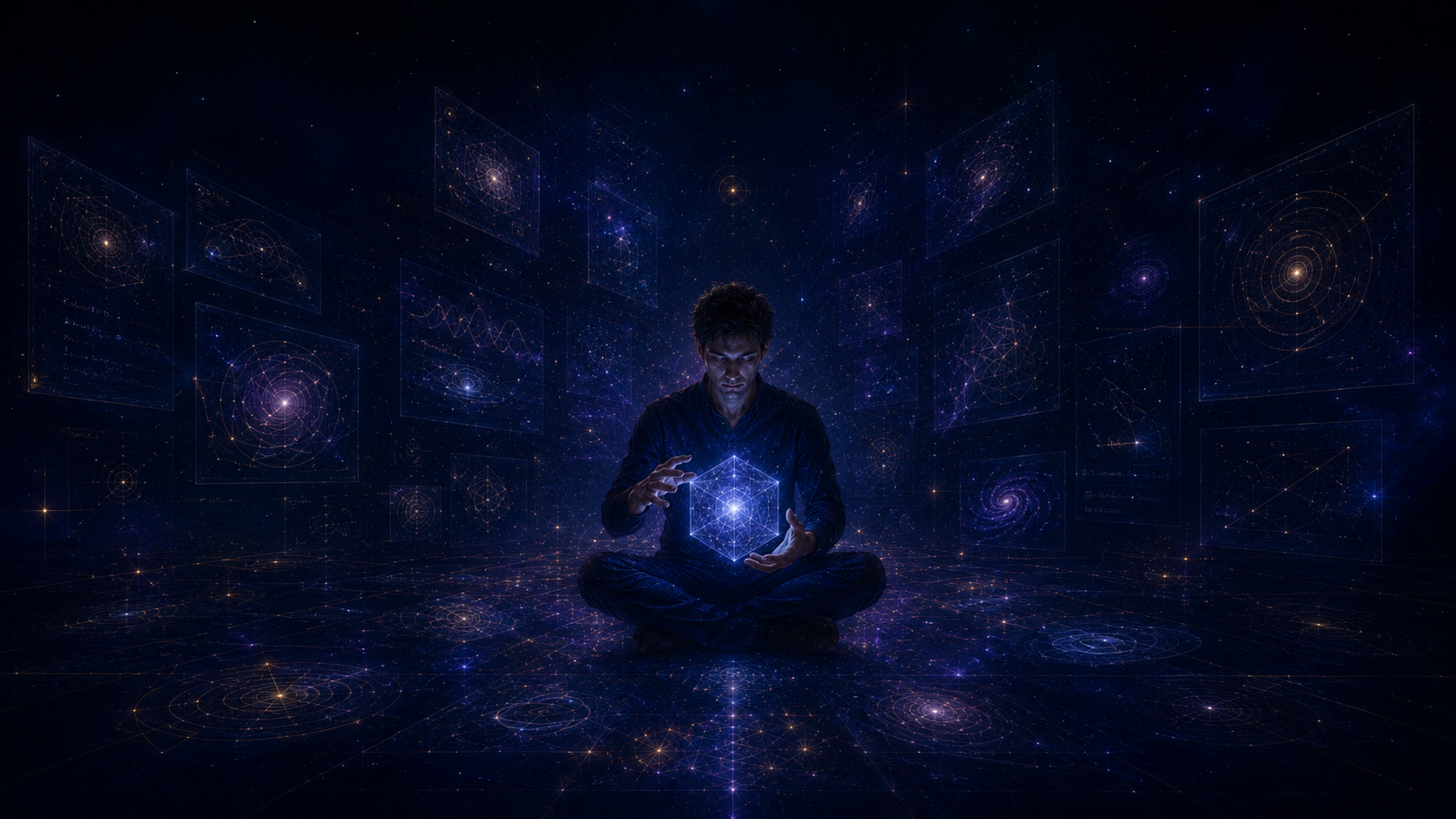 A person meditating cross-legged, holding a glowing geometric cube in a cosmic digital space