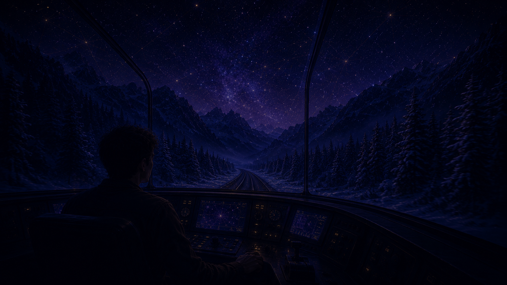 A person driving a train through snow-covered mountains under a starry night sky